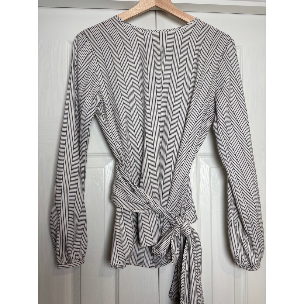 Ann Taylor Striped Long Sleeve Wrap Back Tie Blouse Black White XS NEW